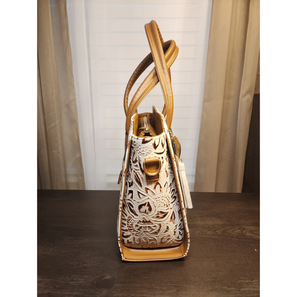 Gold White Sunflower Embossed Tooled Artisan LEATHER Crossbody Handbag Purse - Picture 7 of 15